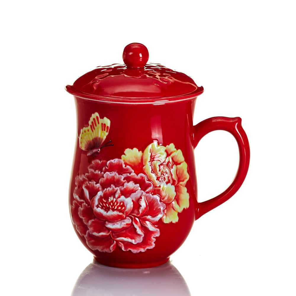 Prosperous Dynasty Peony Tall Mug with Lid
