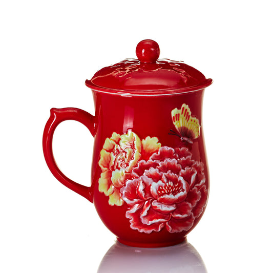 Prosperous Dynasty Peony Tall Mug with Lid